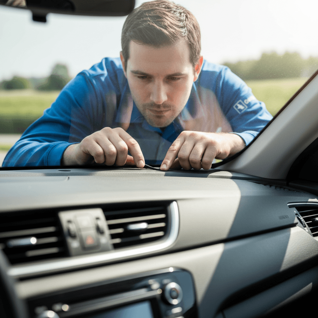 Technician inspecting newly installed windshield seal from inside the car