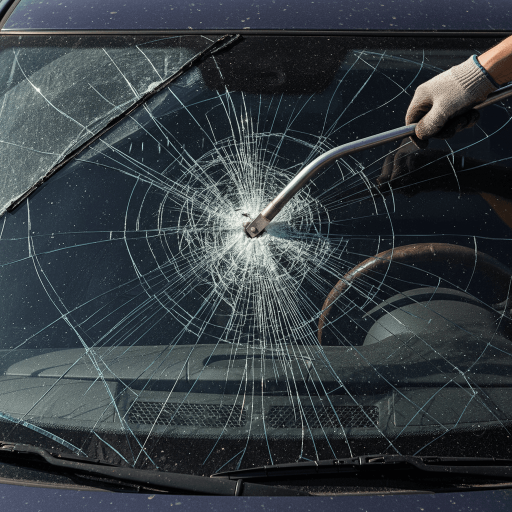 Technician removing a cracked windshield from a car