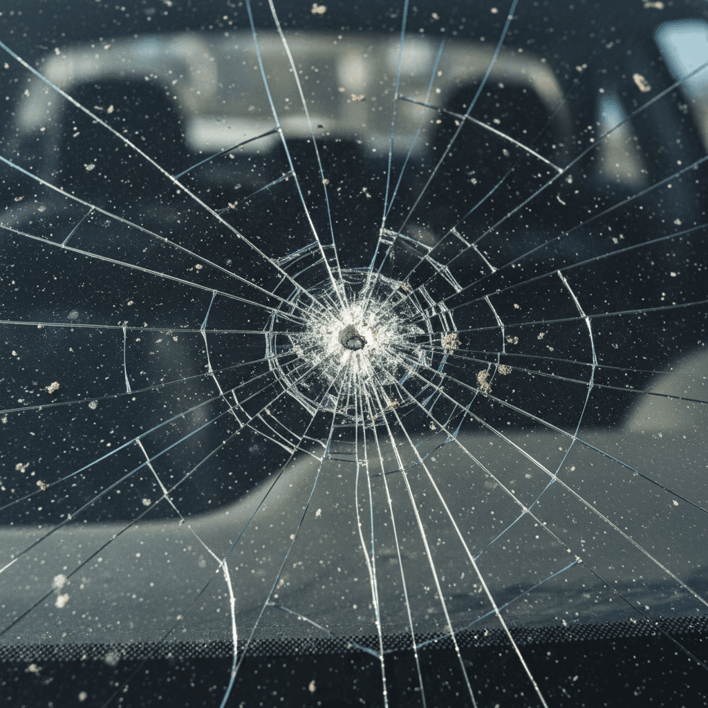 Close-up of a cracked car windshield