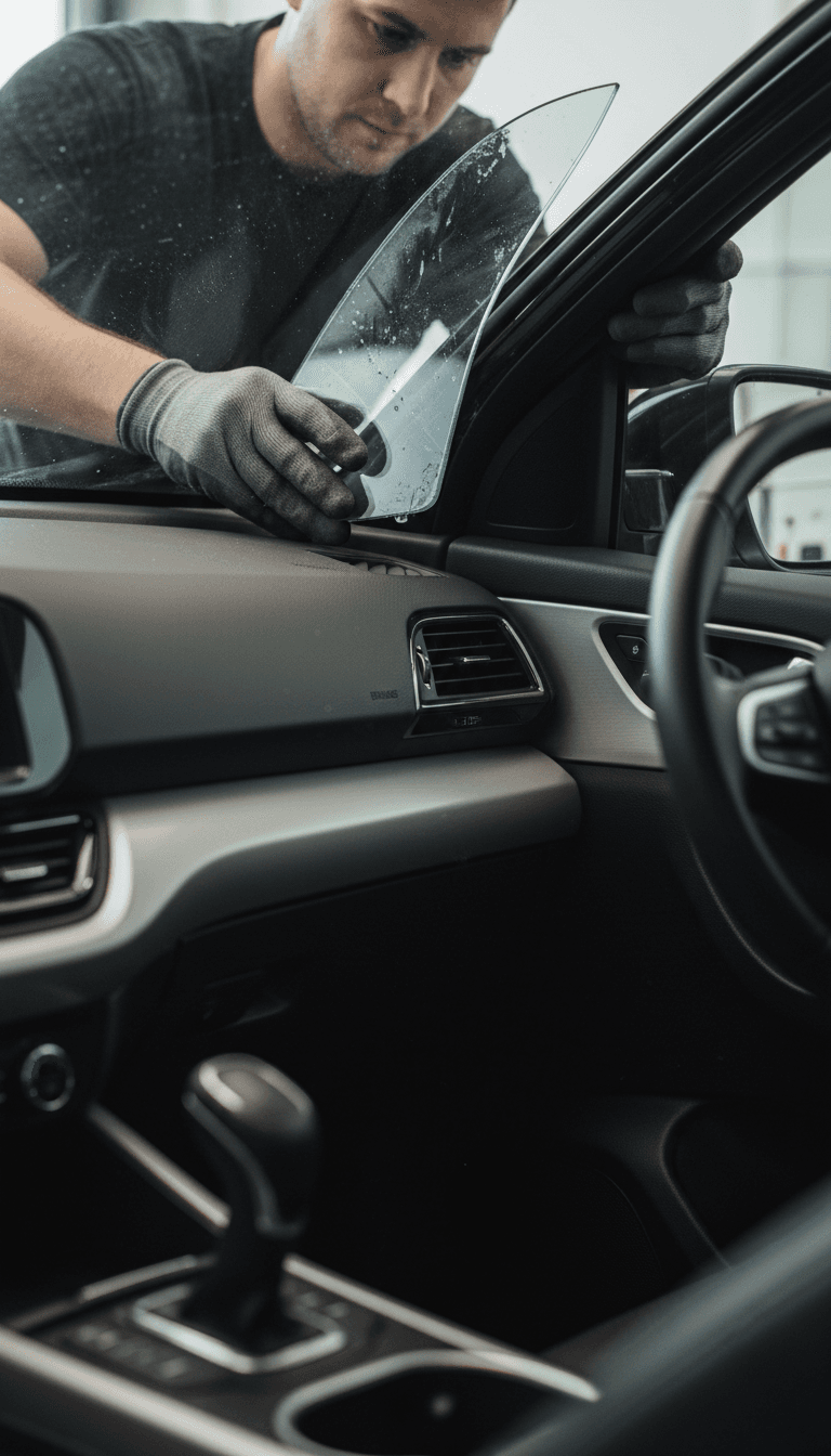 Technician installing new OEM windshield glass on a vehicle