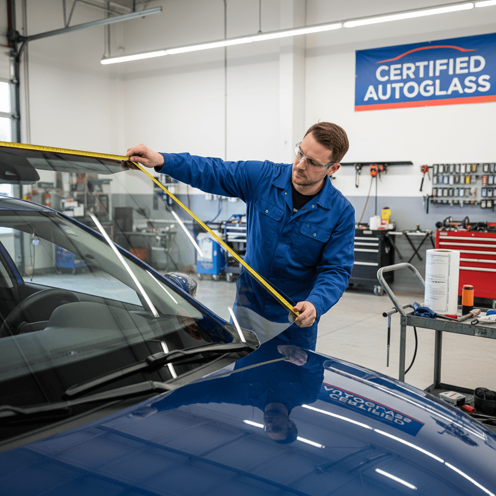 Certified technician measuring a windshield before installation