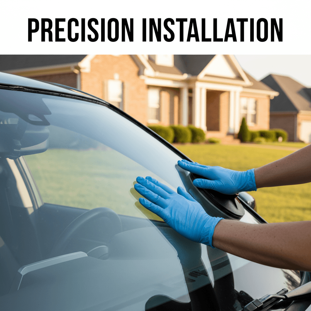 Technician installing OEM glass on a car in suburbia