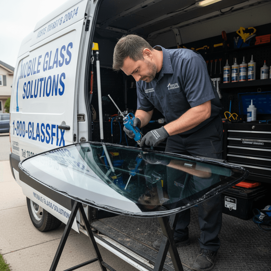 Technician installing a new windshield from a mobile service van