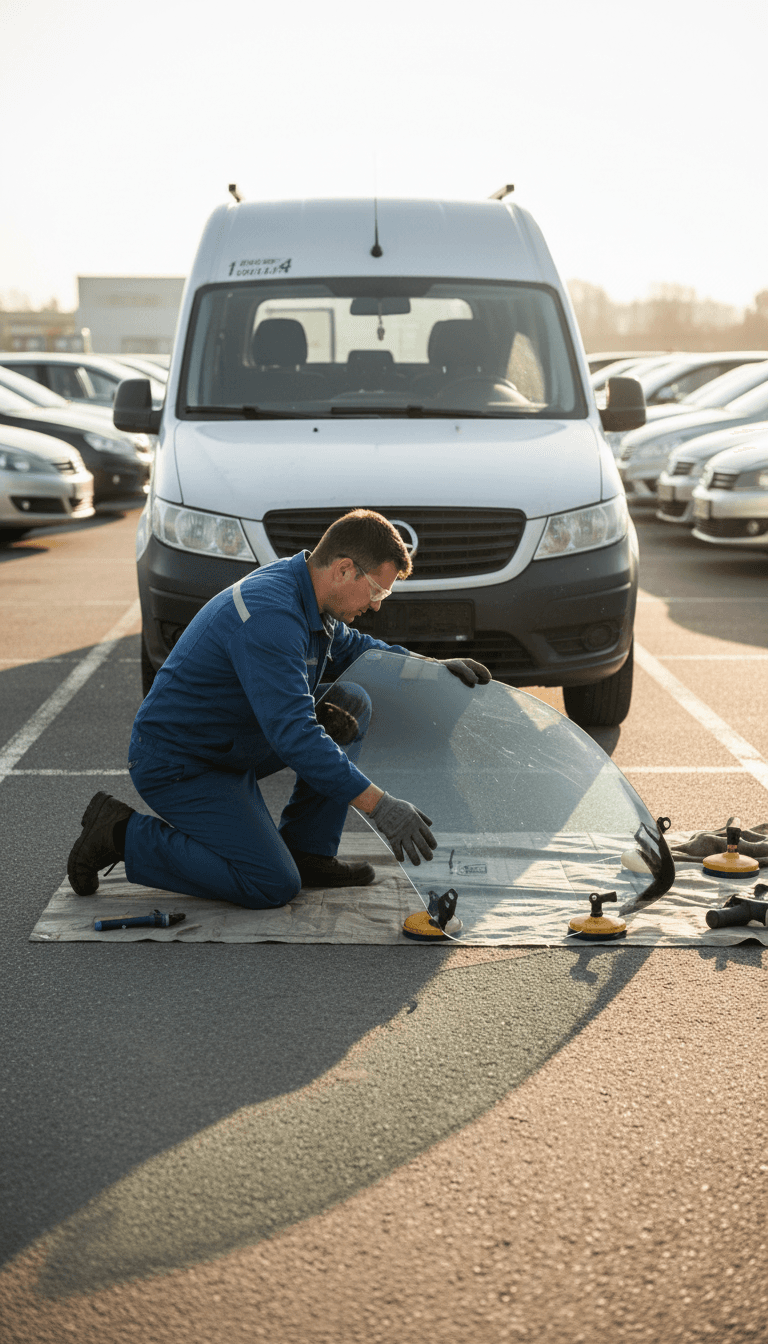 Technician installing a windshield at a customer's car
