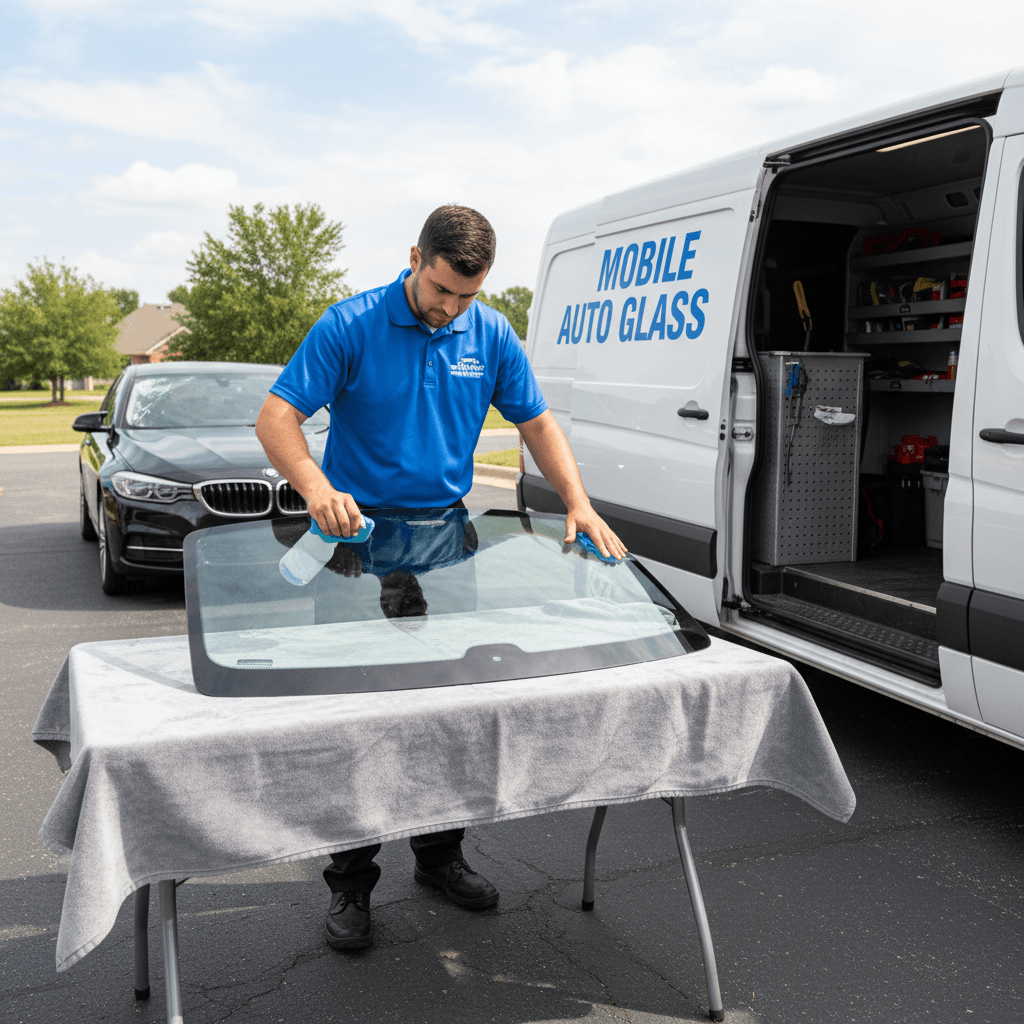 Technician preparing new windshield glass in a mobile service van