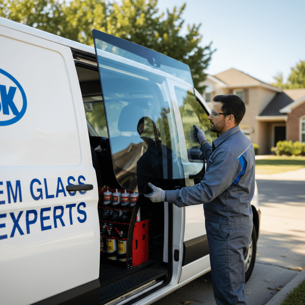 Technician loading a new windshield into the back of a mobile service van