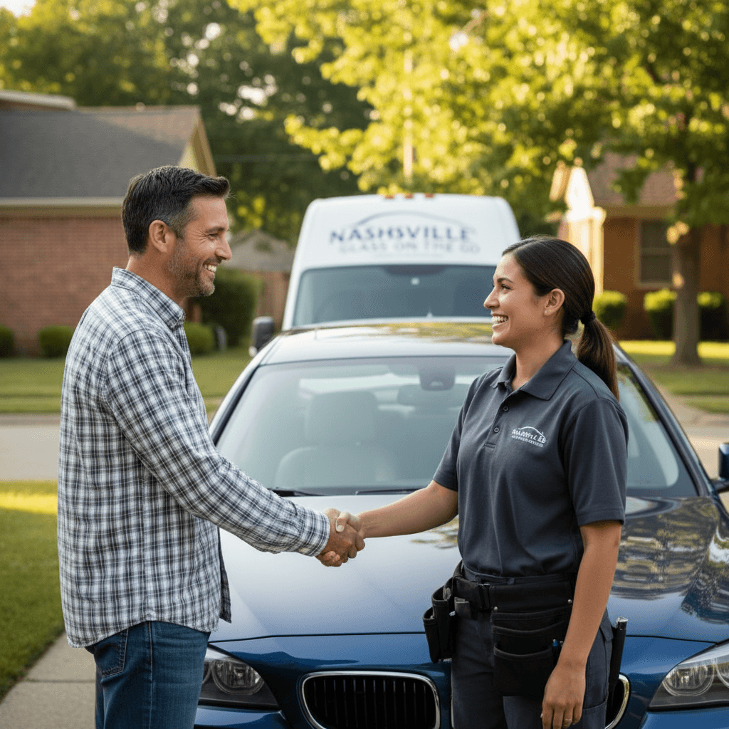 Customer and technician after windshield replacement