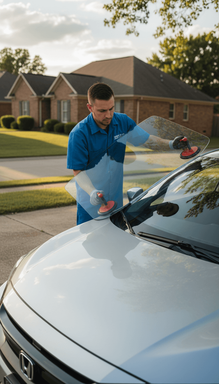 Technician installing a new windshield on a car in a Nashville driveway