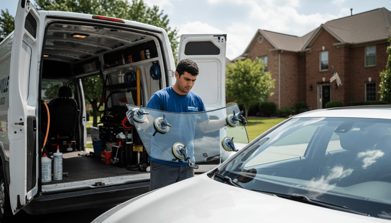 Technician installing a new windshield at a mobile service van in a Nashville driveway