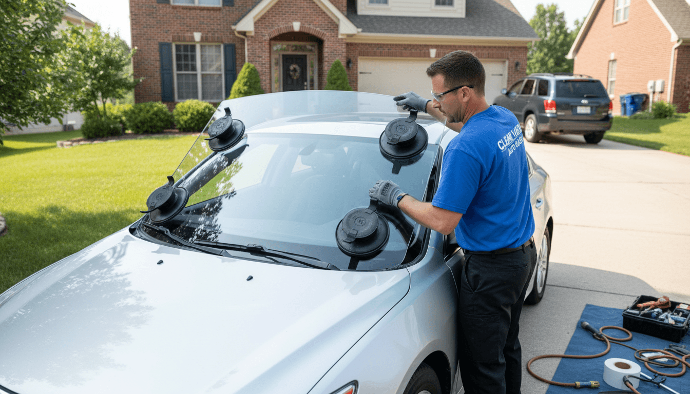 Technician installing a new windshield on a car in a driveway