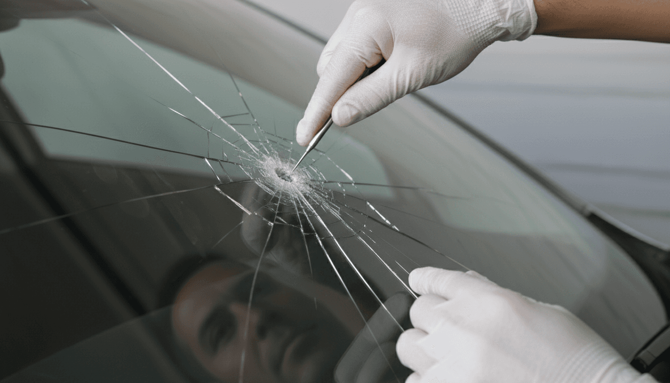 Close-up of a cracked windshield being inspected