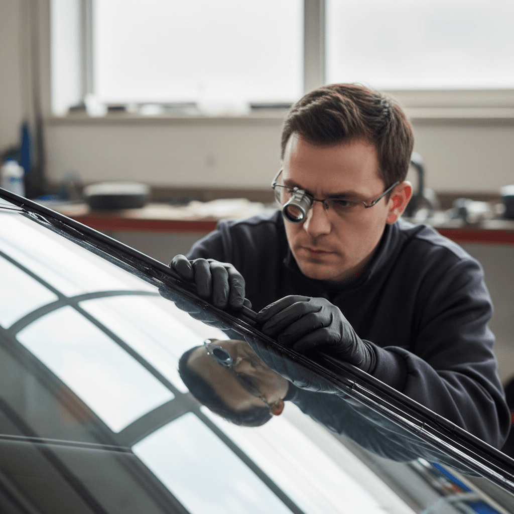Technician inspecting a new windshield seal