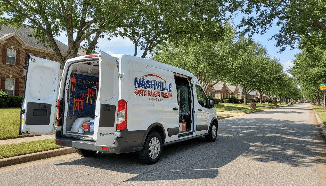 Mobile auto glass service van parked on a suburban street with the rear doors open