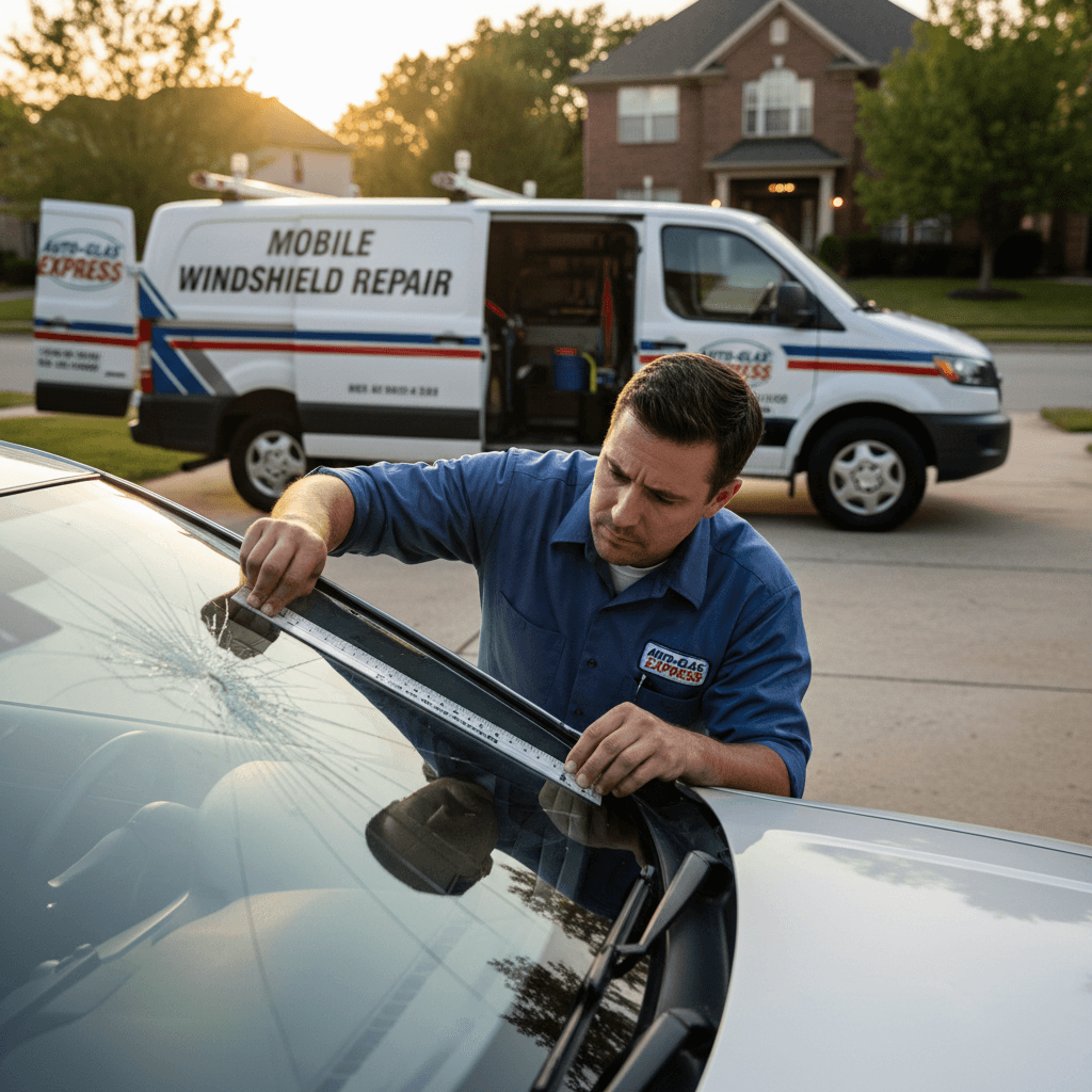 Technician measuring a cracked windshield on a car in a driveway