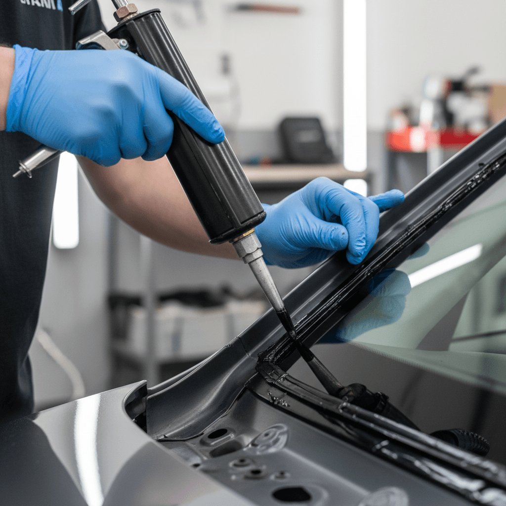 Close-up of technician applying adhesive to windshield frame
