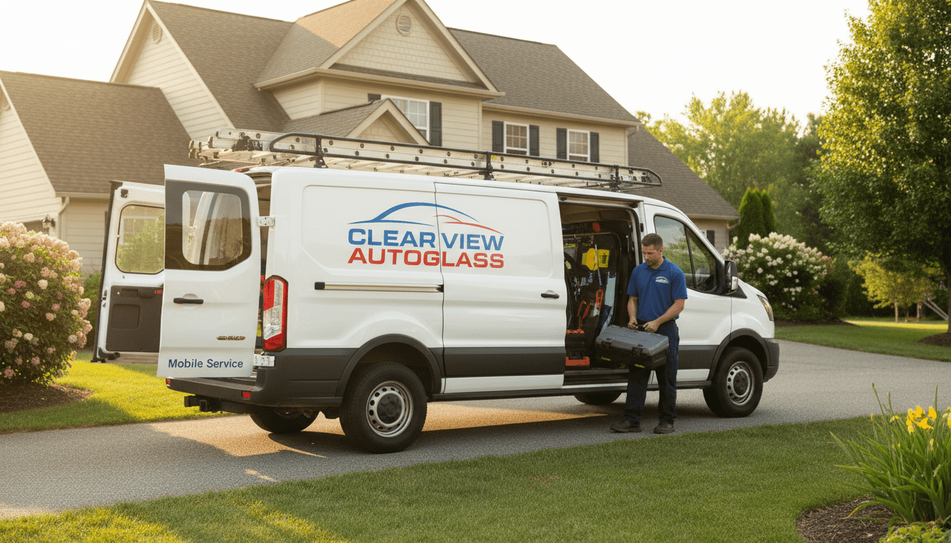 Mobile auto glass repair van in a Nashville driveway