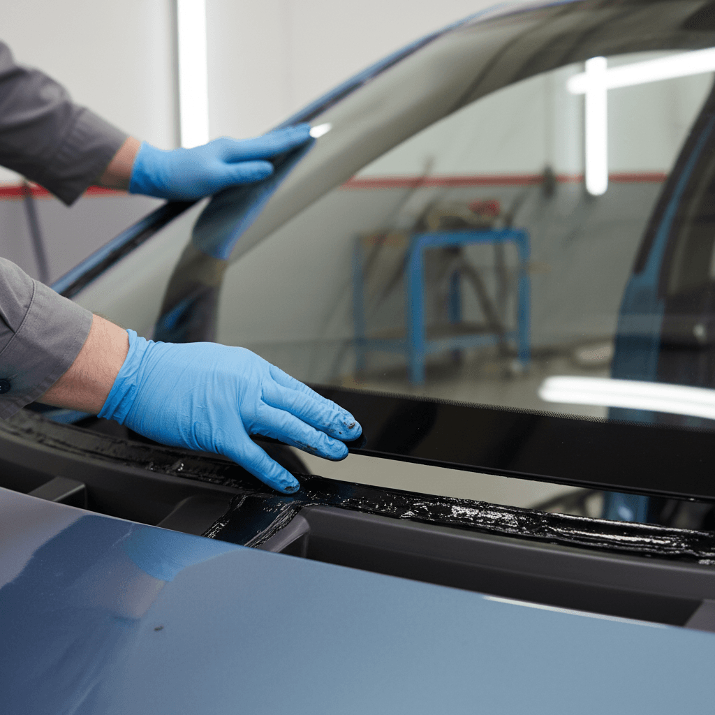 Technician carefully installing a new windshield