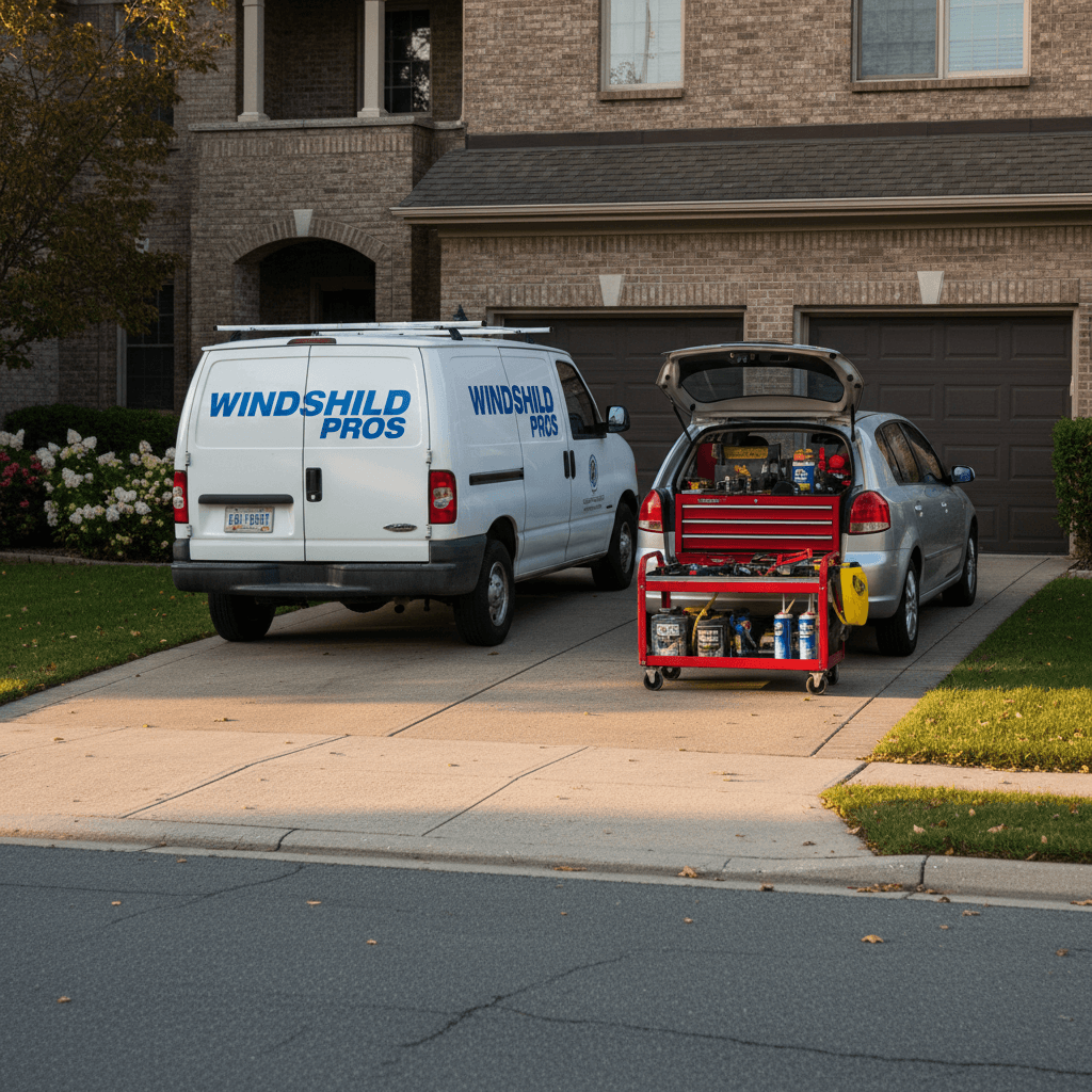 Windshield replacement van parked beside a car in a driveway