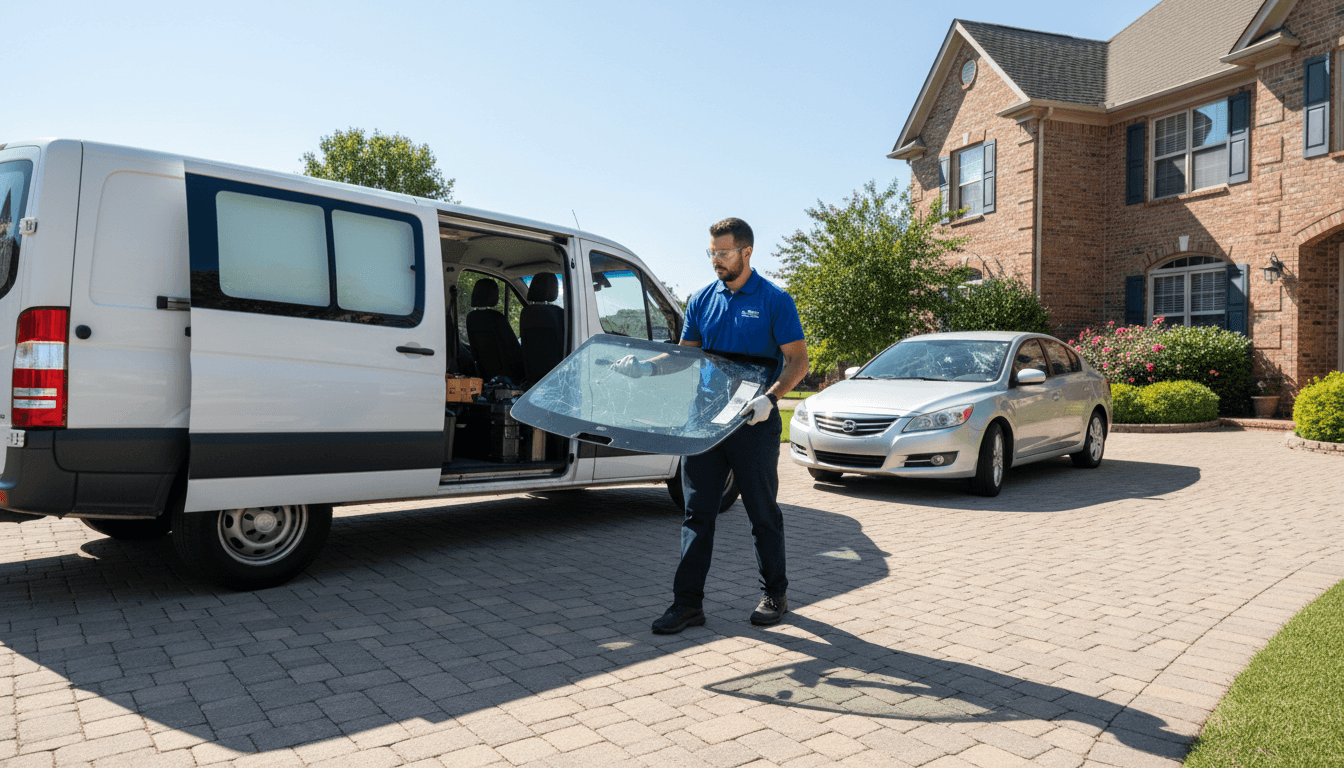 Mobile auto glass service van in a Nashville driveway