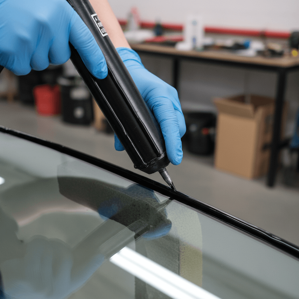 Close-up of hands applying adhesive to a new windshield edge