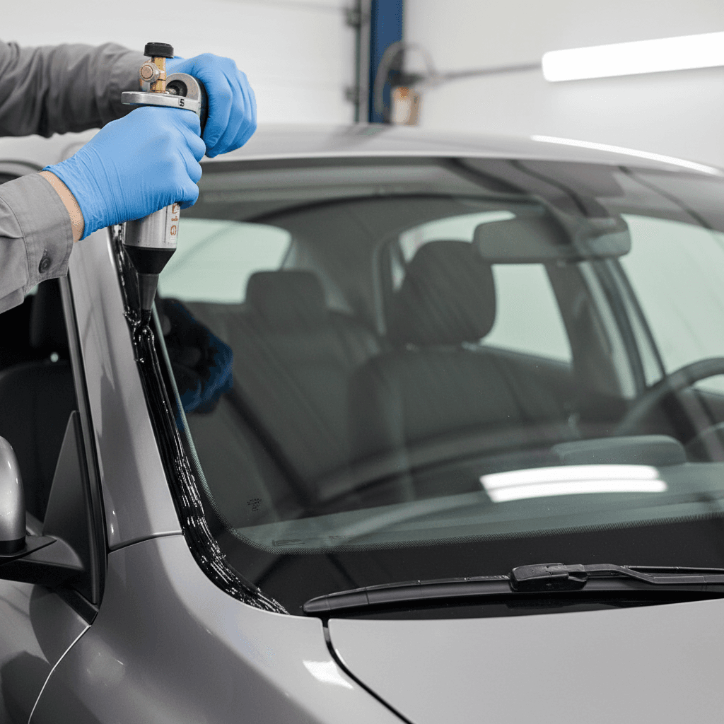 Close-up of hands installing a new windshield with precision