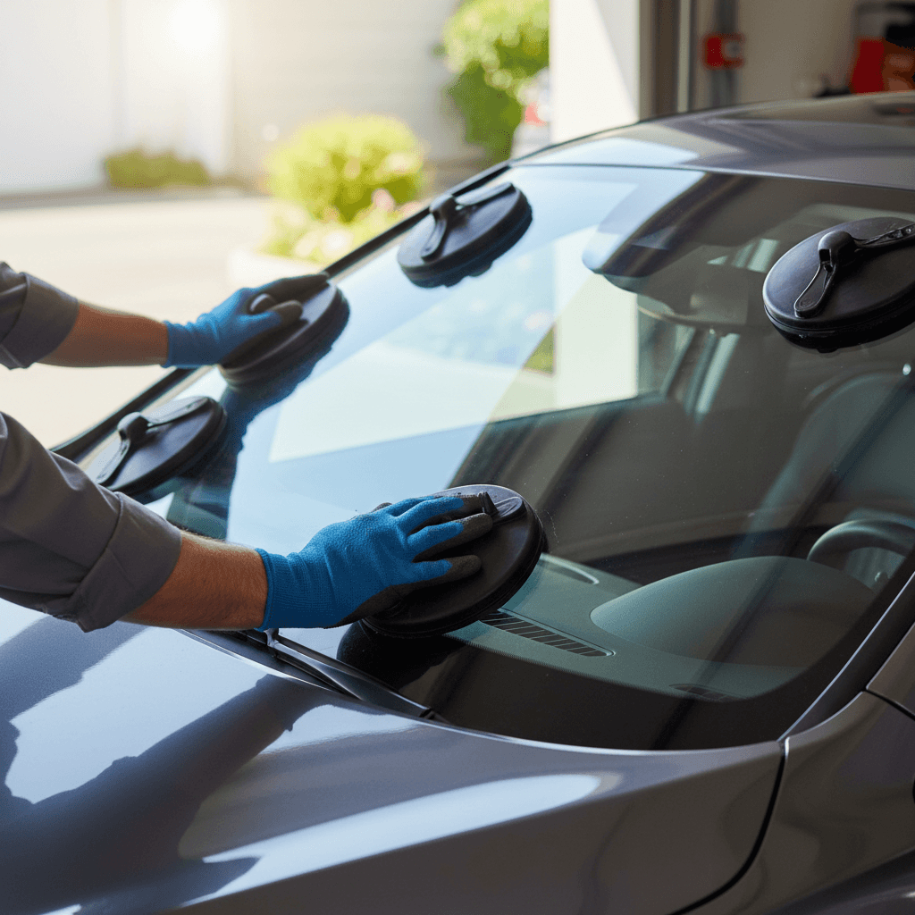 Technician installing a new windshield on a sedan in a residential driveway