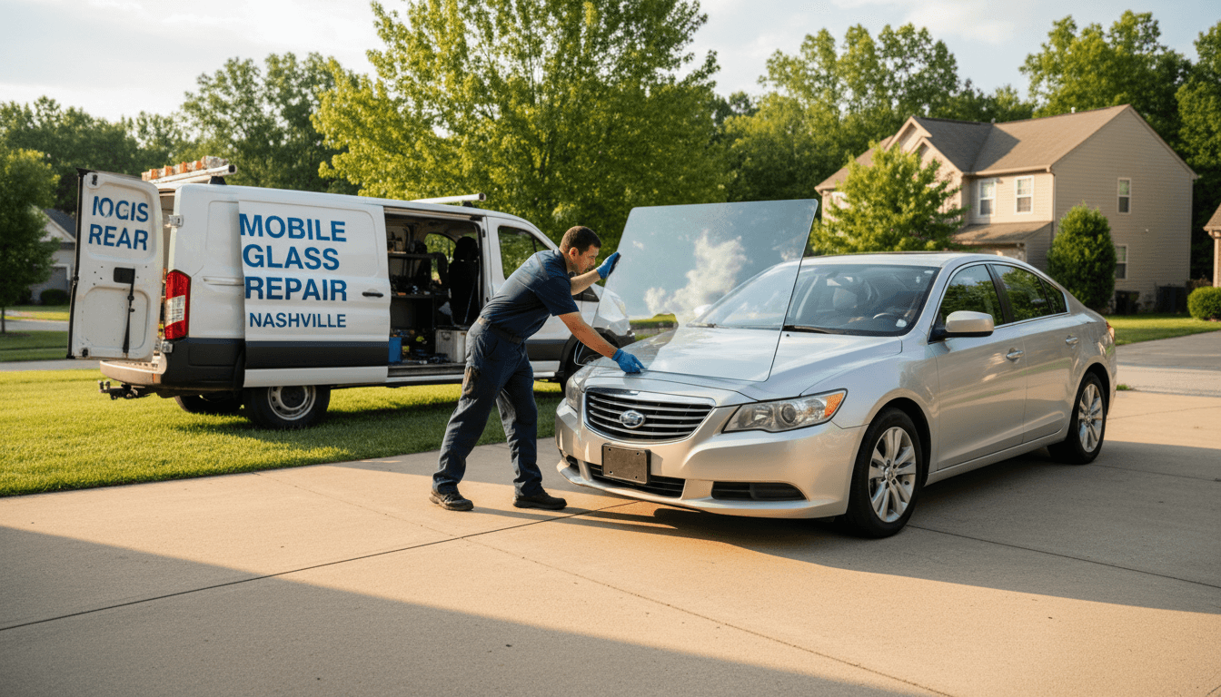 Technician installing a new windshield on a car in a residential driveway