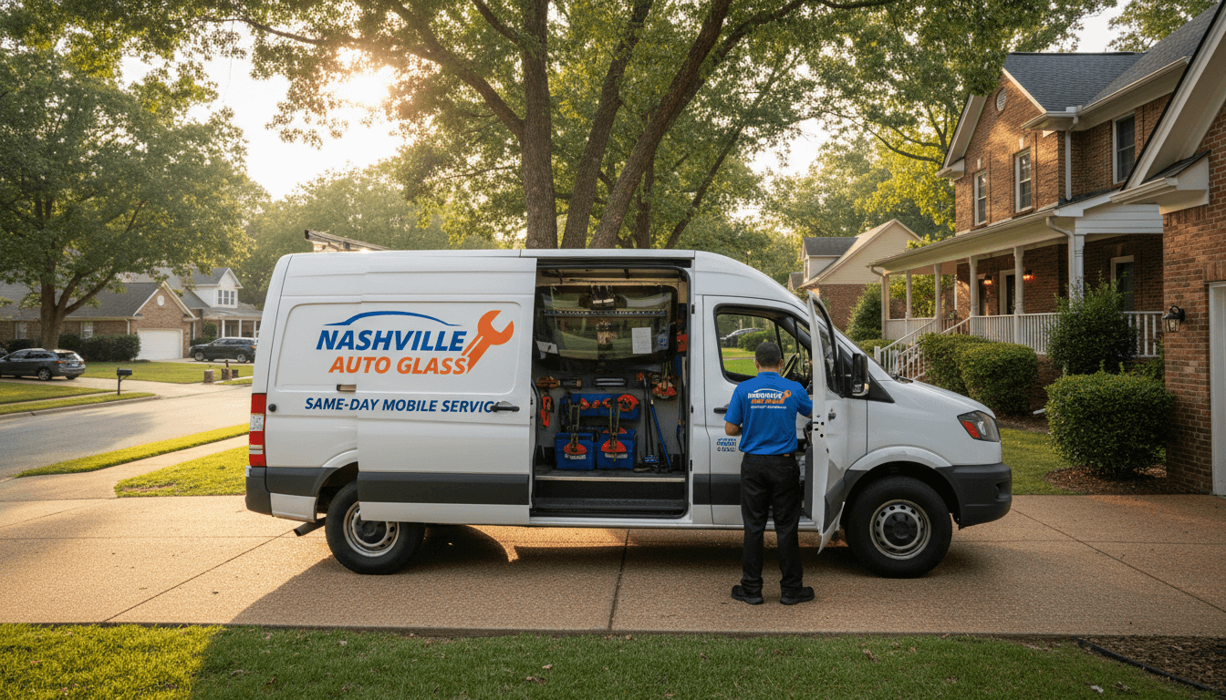 A mobile auto glass service van parked in a Nashville driveway, ready for same-day windshield replacement.