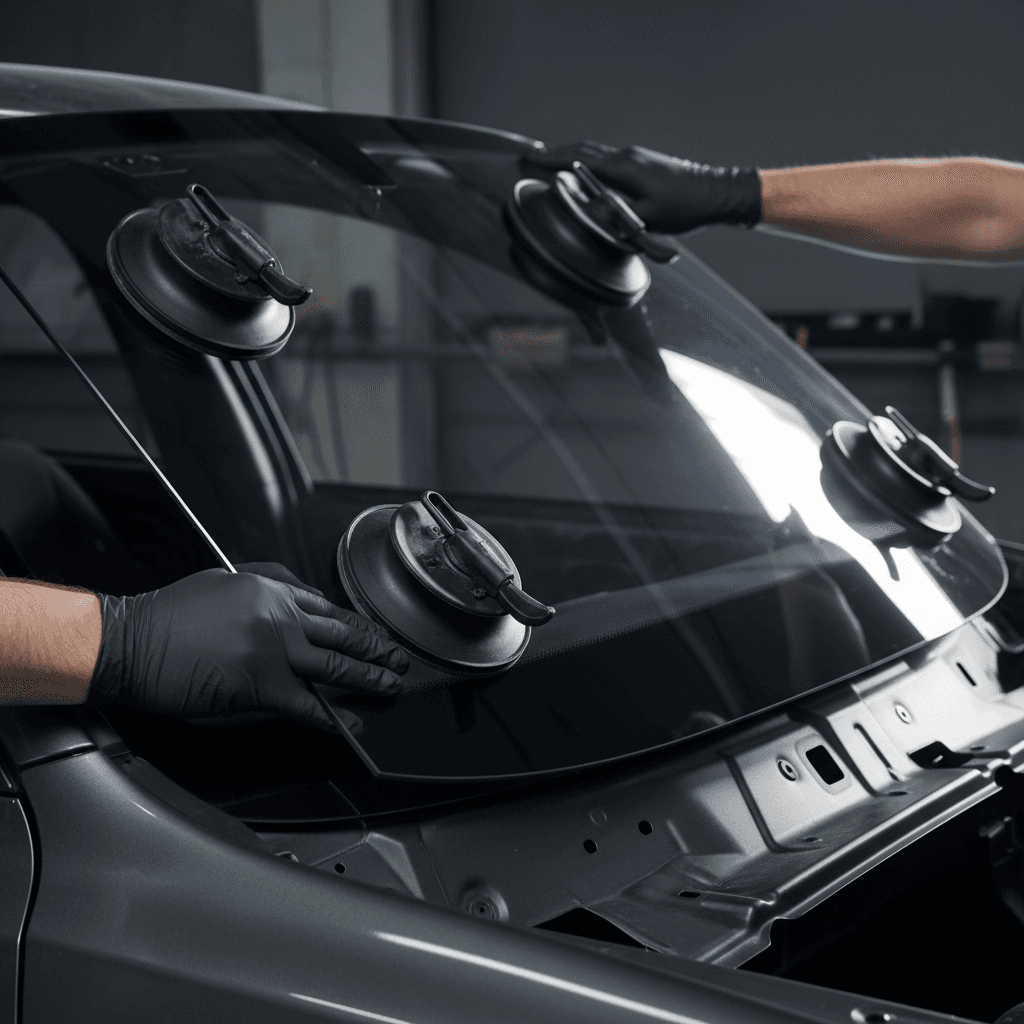 Certified technician installing a new windshield on a car in Nashville