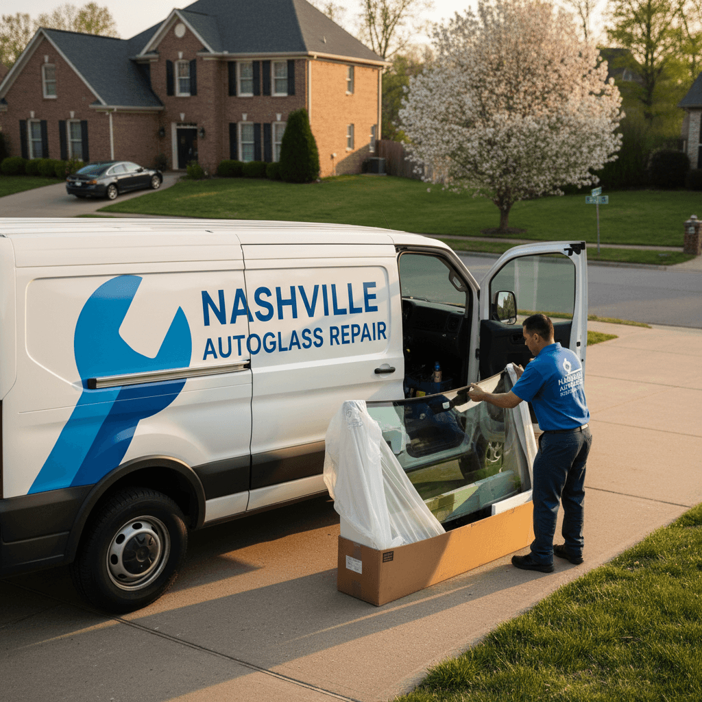 Mobile service van with technician unloading a new windshield