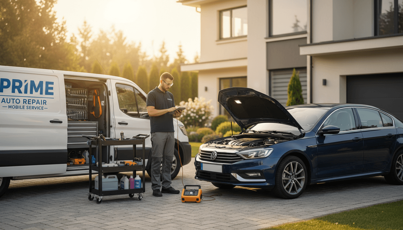 Mobile auto glass service van with technician installing a windshield in a Nashville neighborhood