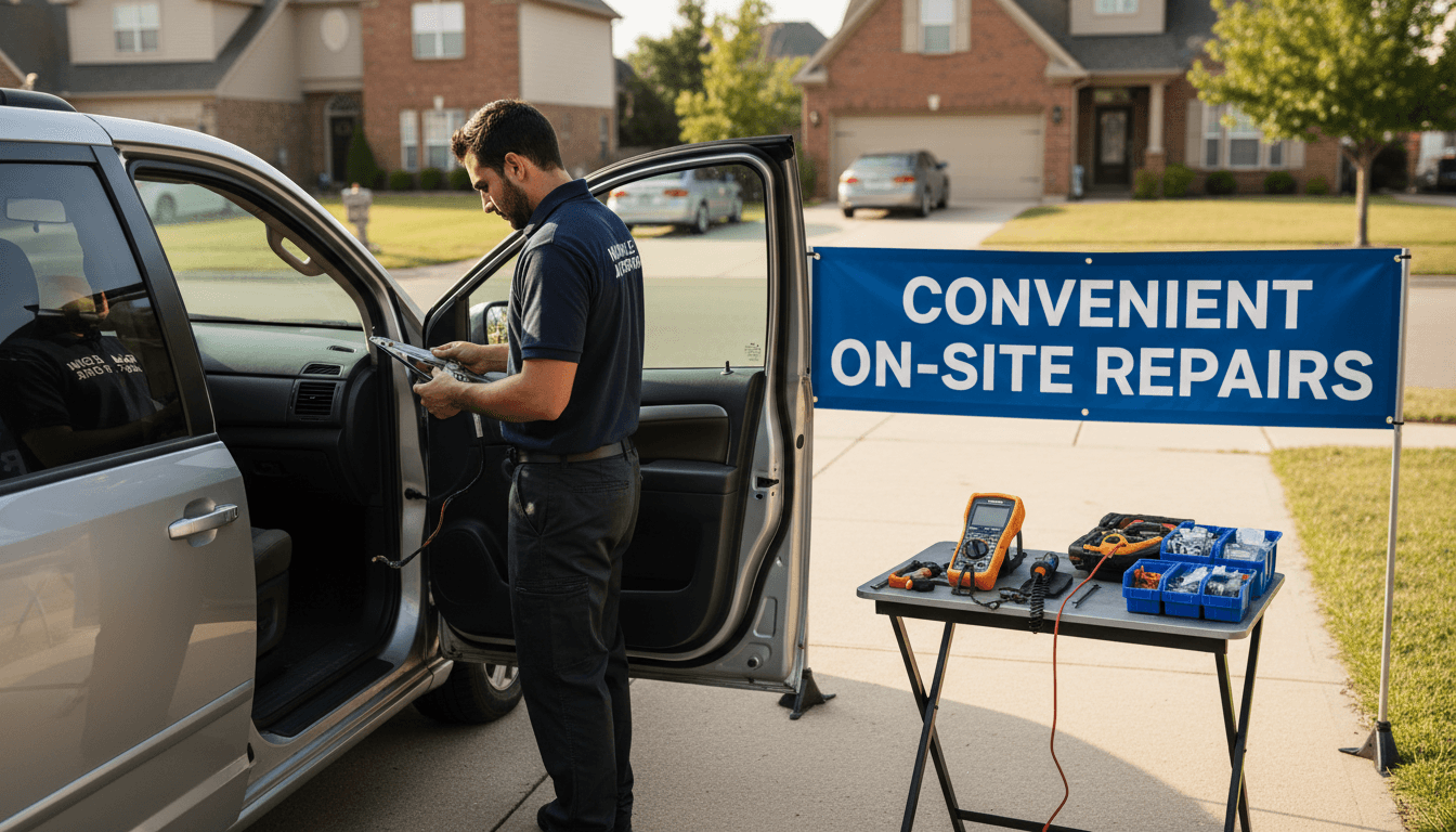 Certified auto glass technician working on a windshield replacement at a Nashville residence, removing damaged glass for new OEM-standard installation.