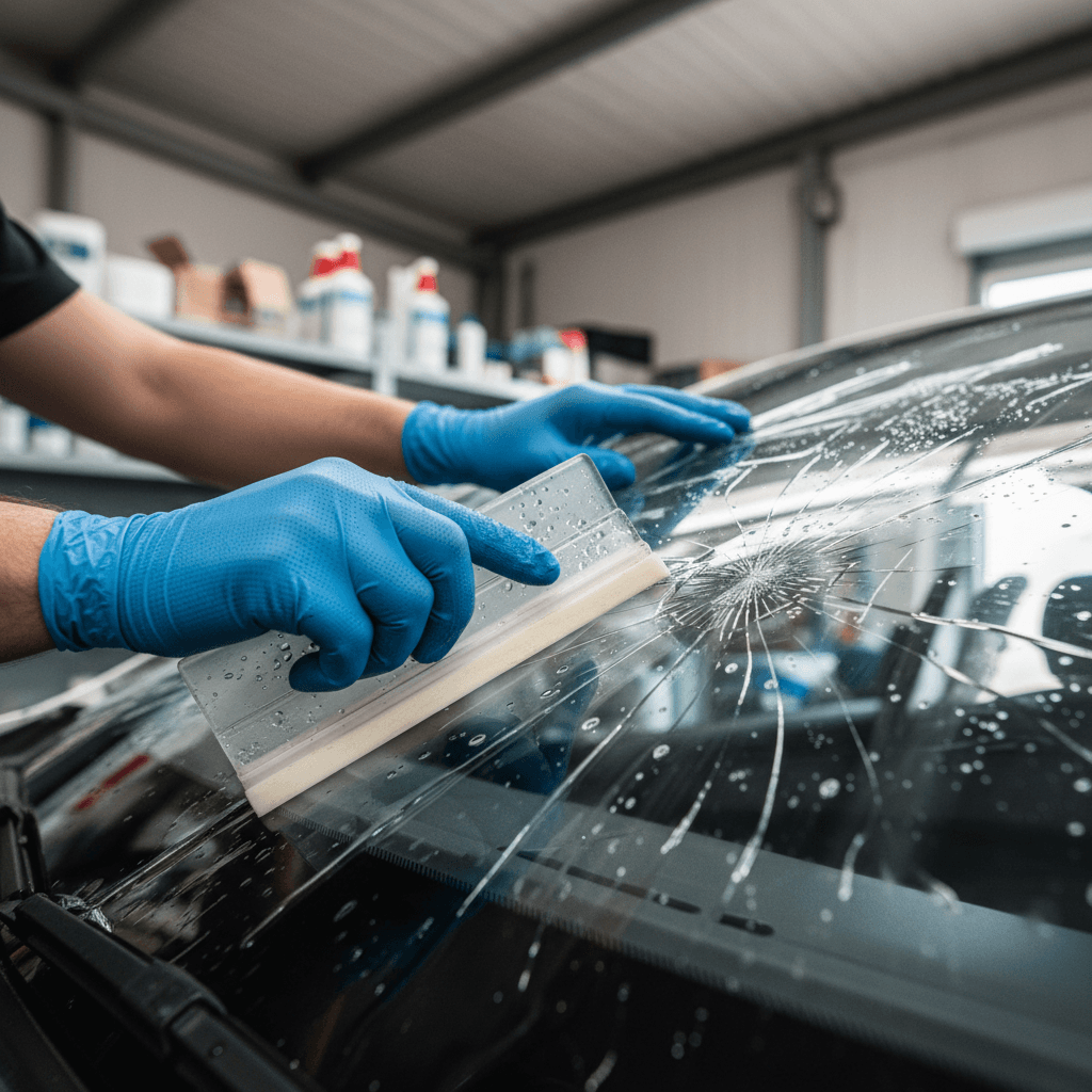 New OEM-standard glass being installed on a car