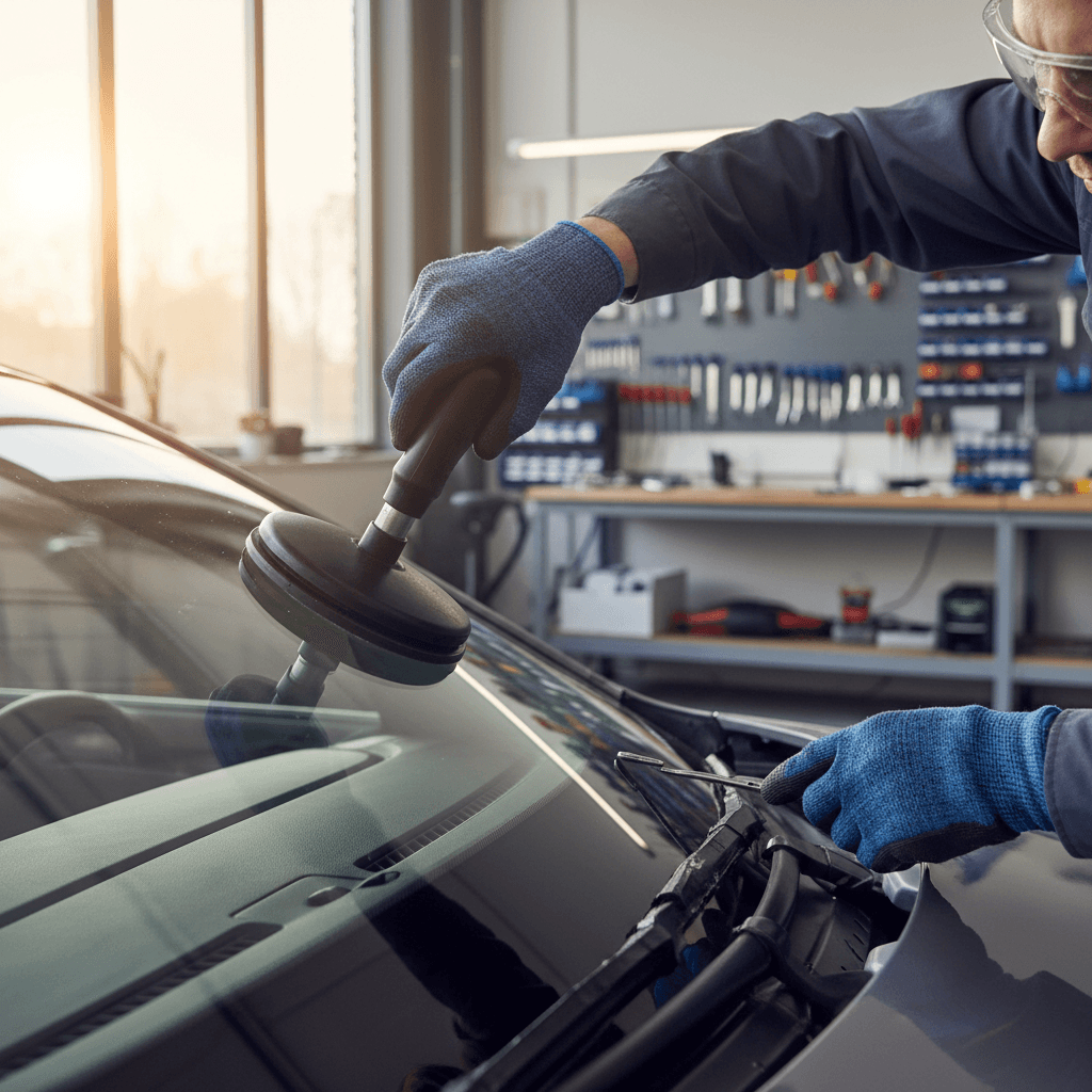 Auto glass technician's hands preparing a vehicle frame for a new windshield