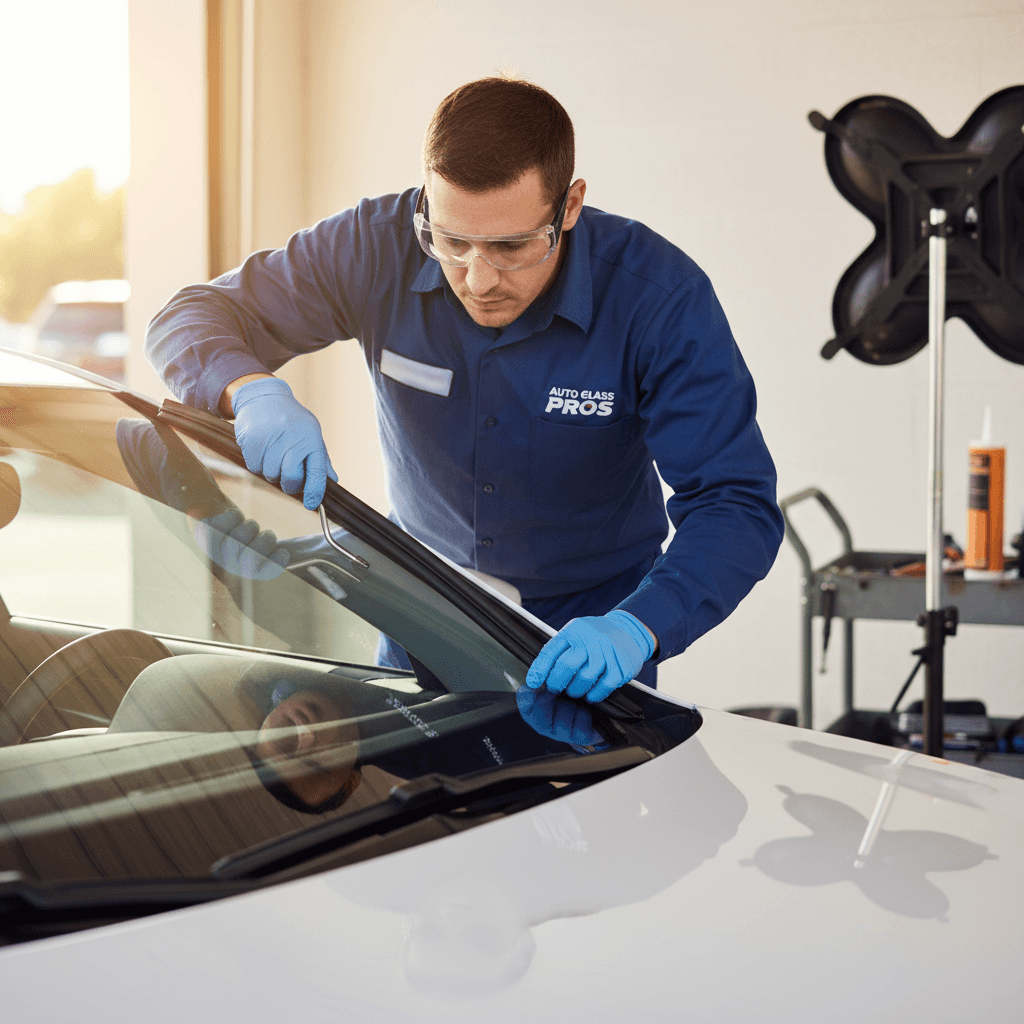 Technician installing a new windshield on a vehicle in a Nashville driveway with mobile service van nearby